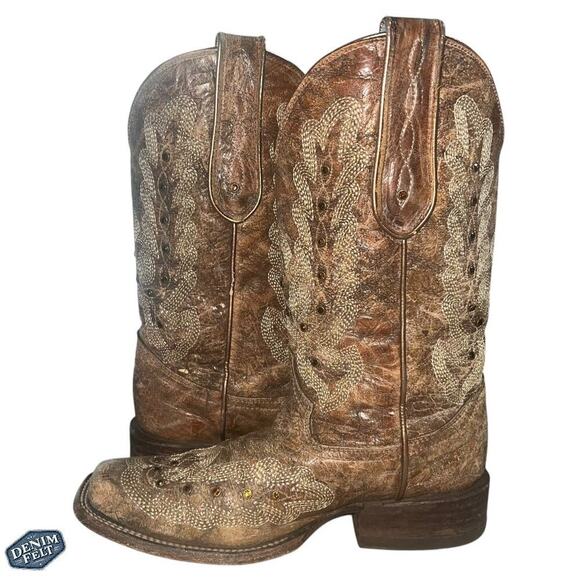 Corral Boots Women’s Metalic Cognac Stitching & Studs Square Toe Western Boots - Picture 2 of 16